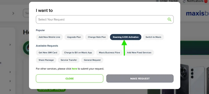 Step 2 - Select Roaming IDD & Activation then click Make Request