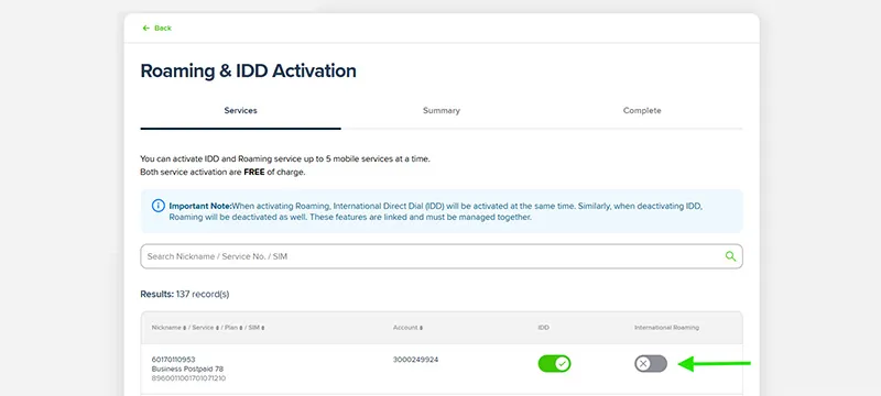 Step 3 - Search a mobile service to activate and toggle on the international roaming button to activate roaming