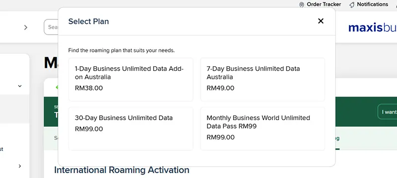 Step 2 - Select your destination country and the Maxis Business Roaming Pass of your choice (7-Day/ 30-Day/ Monthly).